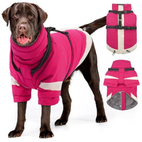 MIGOHI Reflective Dog Winter Coat,Warm Dog Jacket with Harness,Fleece Jacket for Large Dogs,Waterproof Pet Puffer Jacket Snowsuit,Windproof Pet Clothes for Cold Weather,Australian Shepherd,XL,Rosered - color: RoseRed, size: XL(Chest:29.9")