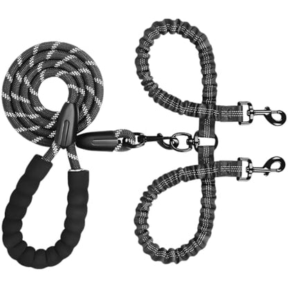 Dual Dog Leash Coupler – Padded, Reflective, Black (59" + Adjustable 18.1–31.5")