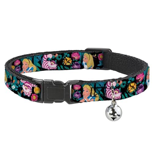 Buckle-Down Breakaway Cat Collar - Alice/Cheshire Cat/Flowers Poses Black/Multi Color - 1/2" Wide - Fits 8-12" Neck - Medium - size: NARROW MEDIUM - Fits 8-12 Inch (0.5 Inch WIDE)