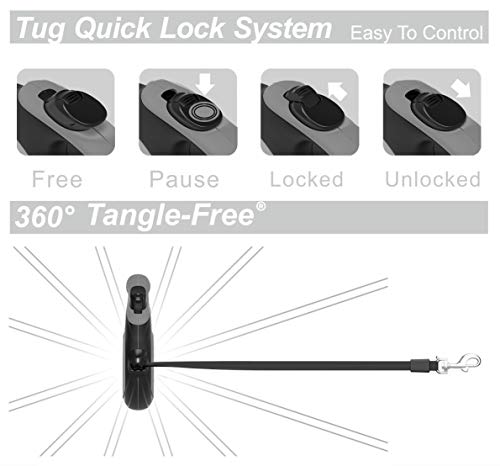 TUG 360° Tangle-Free Retractable Dog Leash with Anti-Slip Handle | 16 ft Strong Nylon Tape | One-Handed Brake, Pause, Lock (Large, Grey) - color: Grey, size: Large