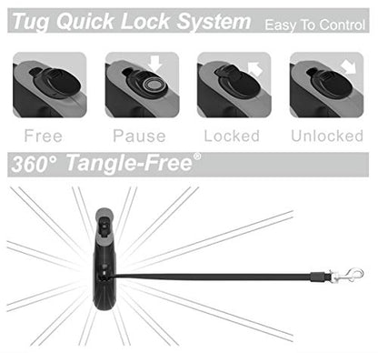TUG 360° Tangle-Free Retractable Dog Leash with Anti-Slip Handle | 16 ft Strong Nylon Tape| One-Handed Brake, Pause, Lock (Medium, Grey) - color: Grey, size: Medium