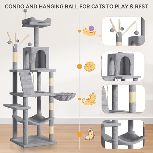 YITAHOME 64.5" Cat Tree, Multi-Level Cat House, Large Cat Condo Furniture with Perch Hammock, Scratching Posts and Dangling Balls for Kittens, Cats and Pets, Light Gray - color: Light Gray, size: 64.5inch