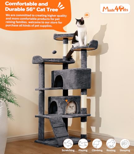 Made4Pets Cat Tree Tower 56in Cat Tower for Indoor Cats Kitten Tree Multi-Level Cat Tree with 2 Condo Furniture Activity Center with Scratching Posts Funny Toys Kittens Pet Play House, Grey - color: Grey