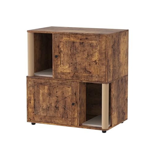 Garvee Double Layer Cat Litter Box Furniture, 2 in 1 Hidden Litter Box Furniture with Scratching Post and Litter Mats, Wooden Corner Cabinet Cat Washroom Bed - color: Brown X-Door