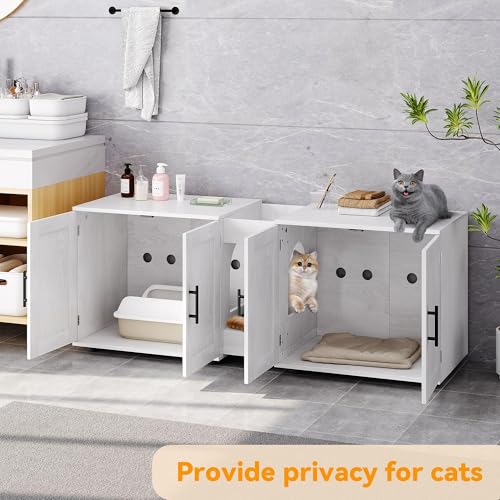 Garvee Cat Litter Box Enclosure for 2 Cats, 55" Hiddden Litter Box Enclosure Furniture 3-in-1 Wooden Litter Cabinet with Barn Door & Double Rooms for Bedroom Living Room,White - color: White