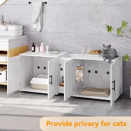 Garvee Cat Litter Box Enclosure for 2 Cats, 55" Hiddden Litter Box Enclosure Furniture 3-in-1 Wooden Litter Cabinet with Barn Door & Double Rooms for Bedroom Living Room,White - color: White