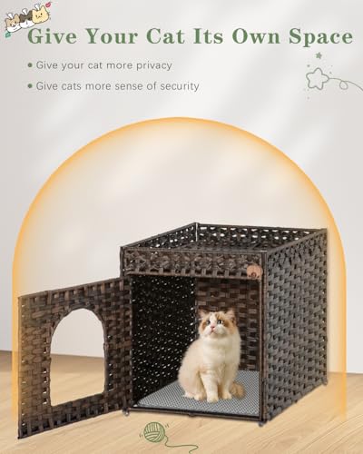 SETVSON Cat Litter Box Enclosure Furniture, Hidden Litter Box with Mat and Fence, Handwoven Rattan Cat House with Two S-Shaped Hooks for Living Room, Bedroom, 18.5 x 20.5 x 19.1 Inches (Brown) - color: Brown, size: Standard