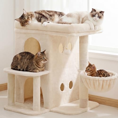 Heybly Cat Tree, 26.3-inch Cat Tower with Spacious Top Perch for Large Cats, Stair-Style Cat House Furniture with Dual-Layer Condos, Sisal Scratching Posts, Cozy Basket & Pompom, Beige HCT204SM - color: Beige, size: 26.3 inch