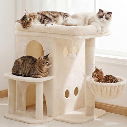Heybly Cat Tree, 26.3-inch Cat Tower with Spacious Top Perch for Large Cats, Stair-Style Cat House Furniture with Dual-Layer Condos, Sisal Scratching Posts, Cozy Basket & Pompom, Beige HCT204SM - color: Beige, size: 26.3 inch