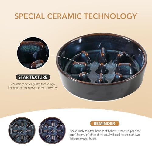 Havniva 0.9 Cup Elevated Slow Feeder Dog Bowls, 6.1” Dog Slow Feeding Bowls + 6.1” Ceramic Dog Water Bowls Set with Acacia Wood Stand, Dog Food Bowls Puzzle Feeder for Small Dogs Non-Slip Anti-choking - color: 2 x Starry Sky + Stand - C, size: S- 6.1inch