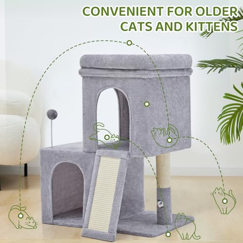 Woochpet 32inch Tall Cat Tree with 2 cat condo for Adult Cats Cozy Cat Tower with Scratching Post and Scrather Board for Cats of Different Ages.（Light Grey） - size: 26*16*32