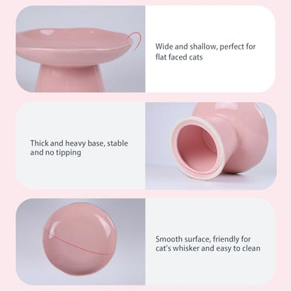 Extra Wide 6.1" Raised Cat Food Bowl, Shallow Ceramic Elevated Cat Feeder, Anti Vomiting, Stress Free, Whisker Fatigue, Pet Food or Water Bowl, Pink - color: Pink-Shallow