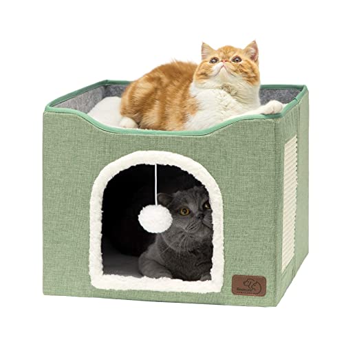 Bedsure Cat Beds for Indoor Cats - Large Cat Cave for Pet Cat House with Fluffy Ball Hanging and Scratch Pad, Foldable Cat Hideaway, 16.5x16.5x13 inches, Green - color: Green, size: Single