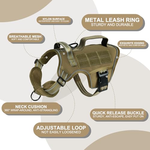 Small Dog Harness, Heavy Duty Tactical No Pull Dog Harness, No Choke, Easy On and Off Pet Vest with Molle System, Adjustable Reflective Dog Vest with Breathable Padded for Walking Hiking Training - color: Khaki, size: S(Neck:16-22",Chest:20-28"),18-35 lbs
