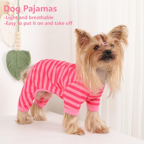 Dog Pajamas Pjs Stretchable Strip Dog Jumpsuit 4 Legs Pjs for Summer Dog Clothes Puppy Onesies Doggie Outfit (Pink, X-Small (Chest 11in)) - color: Pink, size: X-Small (Chest 11in )