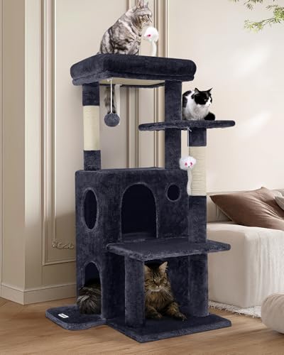 Globlazer Cat Tree Tower for Indoor Cats, 50-inch Adult Cat Tree House for Large Adult Cats with Steps, Scratching Post, 2 Cat Caves, Dangling Toys, FC50, Dark Grey - color: Dark Grey