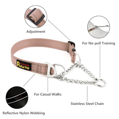 Plutus Pet Martingale Dog Collar with Stainless Steel Chain and Reflective Nylon, Adjustable No Pull Training Collar, for Small Medium, and Large Dogs, Beige, M - color: Beige, size: Medium