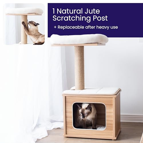 Catry 29.7" Tall 3 Level Laminated Wood Cat Tree with Large Base Condo, 2 Paded Steps, Natural Jute Scratching Post, Sturdy and Easy to Assemble for Small Cat, Brown - color: Brown