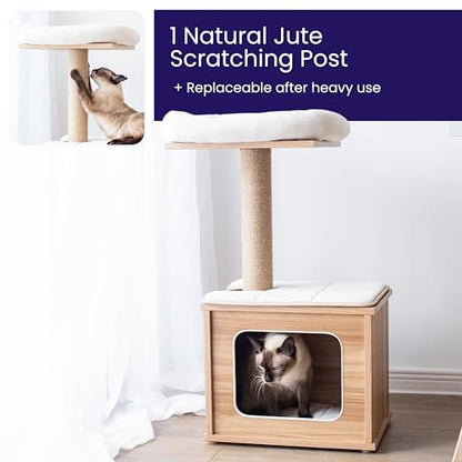 Catry 29.7" Tall 3 Level Laminated Wood Cat Tree with Large Base Condo, 2 Paded Steps, Natural Jute Scratching Post, Sturdy and Easy to Assemble for Small Cat, Brown - color: Brown