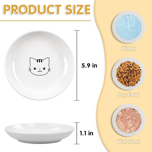 6 Pack Cat Food Bowl, Ceramic Cat Bowls, Anti Whisker Fatigue Cats Bowl Set,5.5 Inches Shallow Wide Kitten Plates for Food and Water (White-C) - color: White-C