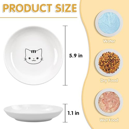 6 Pack Cat Food Bowl, Ceramic Cat Bowls, Anti Whisker Fatigue Cats Bowl Set,5.5 Inches Shallow Wide Kitten Plates for Food and Water (White-C) - color: White-C
