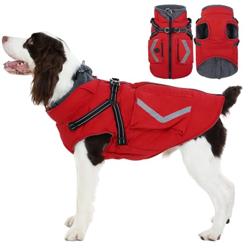 FUAMEY Dog Winter Coat with Harness, Insulated Jacket for Dogs Cold Weather Clothes, Back Zipper Doggie Cover for Snow Day, Pet Outfits with Pop Bag Pockets for Large Dogs, Boston Terrier (Red, L) - color: Red, size: Large