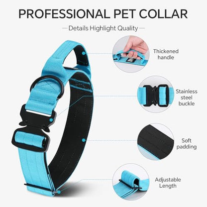 Tactical Thick Dog Collar, Adjustable Training Nylon Dog Collar, Heavy Duty Metal Buckle & Control Handle for Small Medium Large Dogs (M, Blue) - color: Blue, size: M
