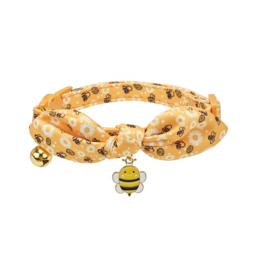 2 Pack Cotton Cat Collar, Removable Bowtie, Floral Pattern, Safety Breakaway Clasp, Adjustable for Cats.(Adult Cat, Bee+Strawberry) - color: 2 Pack (Bee+Strawberry)