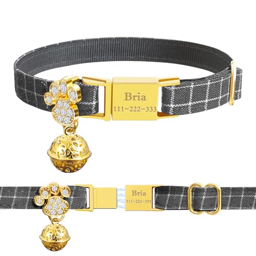 Personalized Breakaway Cat Collars - Magnetic Buckle, Bell - Safety Quick Release, Customized for Girls & Boys Cats- (Checkered-Grey) - color: Checkered-Grey