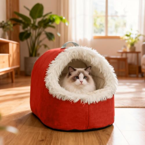 Portable Warm Cat Cave Bed, Soft Plush Hooded Pet Calming Nest for Small Cats, Cat Sleep Bag for Indoor Cats, Washable Removable Inner Cushion for Winter Pets Under 20lbs (Red, Small) - color: Red, size: Small