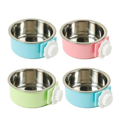kathson Crate Dog Bowl, Removable Stainless Steel Hanging Pet Cage Bowl Food & Water Feeder Coop Cup for Cat, Puppy, Birds, Rats, Guinea Pigs (4 PCS, Size: L, 2×Blue,1×Pink,1×Green) - color: Size: L (2×Blue, 1×Pink, 1×Green), size: 4 PCS