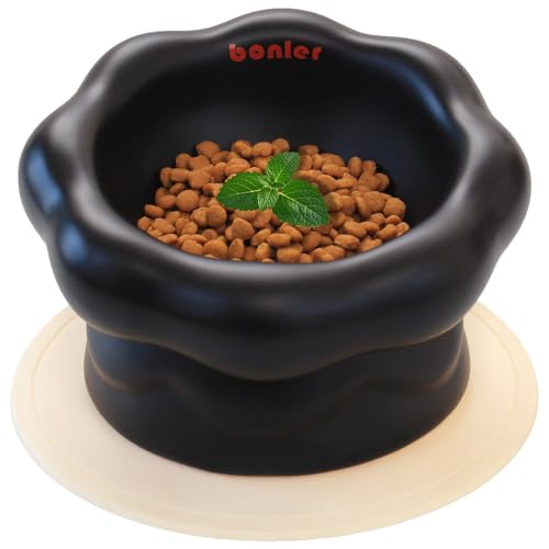 Cloud-Shaped Ceramic Cat Bowl - Elevated Raised Design for Indoor Cats & Kittens,Tilted Anti-Vomiting Shallow Dish with Spine Protection,Cute Whisker-Friendly Ceramic Food Bowls & Dishes (Black) - color: Black