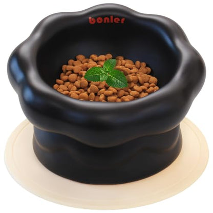 Cloud-Shaped Ceramic Cat Bowl - Elevated Raised Design for Indoor Cats & Kittens,Tilted Anti-Vomiting Shallow Dish with Spine Protection,Cute Whisker-Friendly Ceramic Food Bowls & Dishes (Black) - color: Black