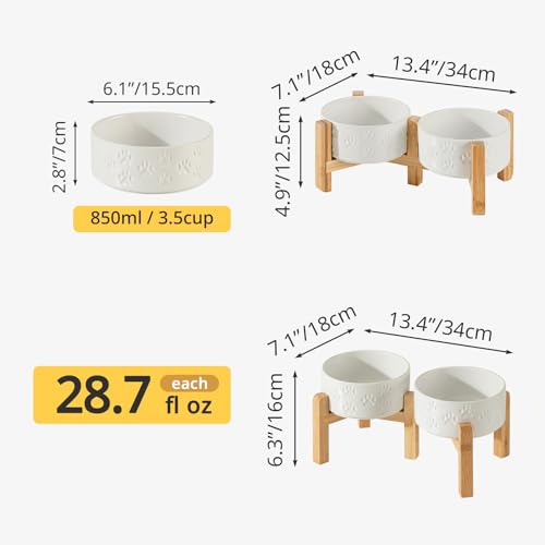 Elevated Ceramic Dog Bowl Set, 6" Dog Bowls with Dual Fixed Heights Stand, 3.5 Cup Food and Water Bowls for Small Breed Dogs, Microwave Safe (Double Bowls + Stand - White, 6 inch) - color: Double Bowls + Stand - White, size: S - 6 Inch