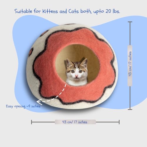 Premium Merino Wool Cat Cave Bed. Foldable, Eco-Friendly, Handmade Felt Kitten Bed and Covered Cat House (43x43cm). Hideaway Pod for Cats. Easy to Clean and Maintain. for Small to Medium cat. Pink - color: Pink