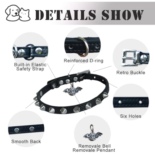 2 Pack Leather Cat Collar Breakaway with Bells and Pendant Adjustable Spiked Kitten Collar for Boy Cats Gothic Studded Cat Collar Moon and Star Black 8”-12”