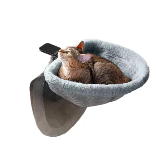 Cat Desk Bed-Extra-Large Clamp & Sunken Hammock Design,Soft Faux Rabbit Fur Material,One-Click Folding,Suitable for Various Desktops, Holds Up to 40lbs(Gray