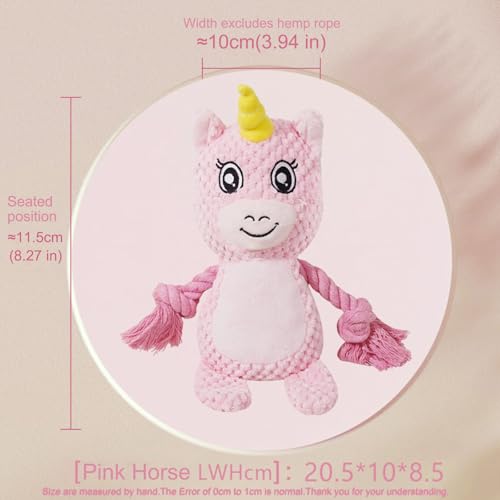 Cute Animals Interactive Squeaky Dog Toy with a Vocal Bladder, Crinkle Paper Stuffed Soft Cotton Chew Toy, Teething Rope Tug of War Pull Toy to Keep Them Busy for Puppy, Small Dogs - Pink Horse - color: Pink Horse