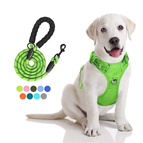PoyPet No Pull Dog Harness and 5 Feet Leash Set, Release on Neck Reflective Adjustable Pet Vest, Front & Back 2 D-Ring and Soft Padded Pet Harness with Handle for Small to Large Dogs(Green,M) - color: Green, size: Medium