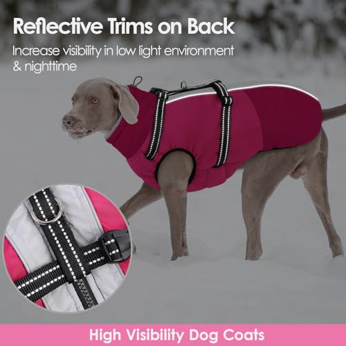 AOFITEE Dog Coat, Warm Dog Jacket with Harness Built-in, Waterproof Medium Dogs Cold Weather Coat with Zipper, Reflective Fleece Lined Pet Snow Jackets for Pug, Jack Russell, Boston Terrier, HotPink M - color: RoseRed, size: Medium