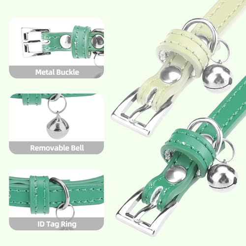 PUPTECK 2 PCS Soft Genuine Leather Cat Kitten Collar with Bells Adjustable for Girl Boy Cats Puppy - Blue Green, Bubble Green - color: Blue Green & Bubble Green