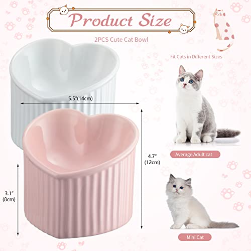 Mumufy 2 Pcs Ceramic Elevated Cat Bowls Tilted Elevated Raised Pet Bowls Anti Vomit Cat Dish for Indoor Stress Free Water Dish Feeder for Puppies, Heart Shaped(Pink, White) - color: Pink, White