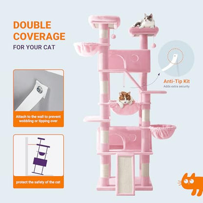 Allewie 81 Inches Tall Cat Tree/Multi-Level Large Climbing Tree House and Towers for Big Feline/Condo and Hammock/Scratching Post/Wide Base/Pink - color: Pink