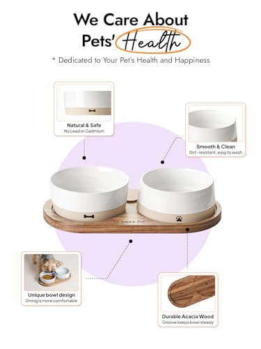 LE TAUCI PET Ceramic Dog and Cat Bowls Set with Acacia Wood Tray - 2 Cup Weighted Non-Slip Food and Water Dishes for Small Dogs & Cats, Pet Bowl Set of 2 - size: S-2 Cups