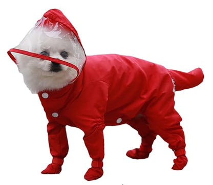 Dog Raincoat with Hood, Waterproof Full-Coverage Reflective Rain Jacket with Leash Quick-Drying Rain Poncho and Shoes for Small Medium Large Dogs,Red,L - color: Red-with Leash, size: L（Back Length 12''）