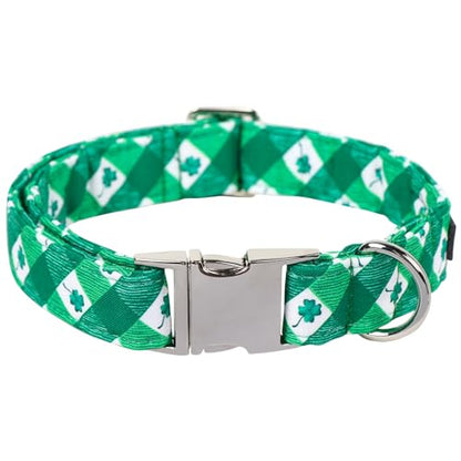 Maca Bates St Patricks Day Dog Collar Irish Clover Dogs Collars Plaid Green Spring Adjustable Durable Saint Patrick's Shamrock Spring Gift for Small Medium Large Girl Boy Male Female Puppy - color: St. Patrick--clover grid, size: S