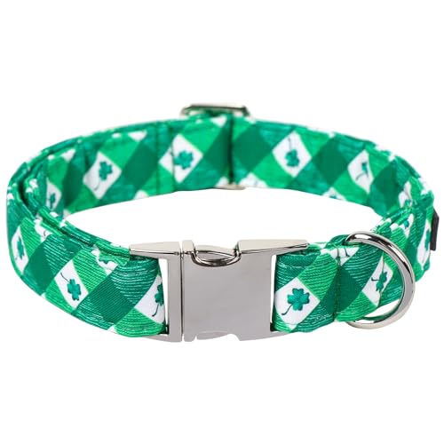 Maca Bates St Patricks Day Dog Collar Irish Clover Dogs Collars Plaid Green Spring Adjustable Durable Saint Patrick's Shamrock Spring Gift for Small Medium Large Girl Boy Male Female Puppy - color: St. Patrick--clover grid, size: S