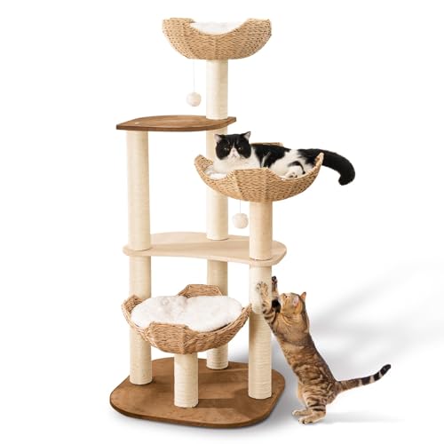 Big Modern Design Cat Tree Tower with White Cloud Mat, Unique Cat Supplies Tower with Scratching Post, Cute Wood Cat Tree Cat Furniture Activity Centre for Indoor Big Cats - color: K-903