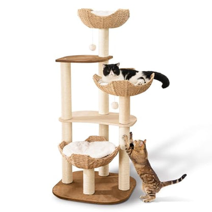 Big Modern Design Cat Tree Tower with White Cloud Mat, Unique Cat Supplies Tower with Scratching Post, Cute Wood Cat Tree Cat Furniture Activity Centre for Indoor Big Cats - color: K-903