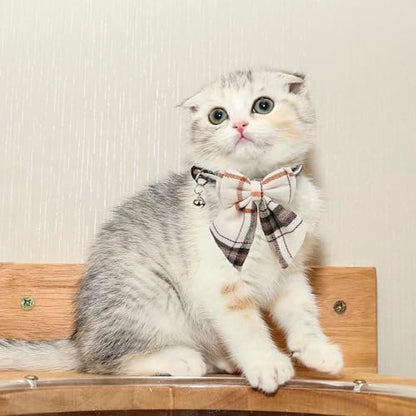 ADOGGYGO Plaid Cat Collars with Removable Bow Tie Bell, 2 Pack Beige Blue Plaid Kitten Bow Collar for Cats Kittens - color: Beige&Blue-2